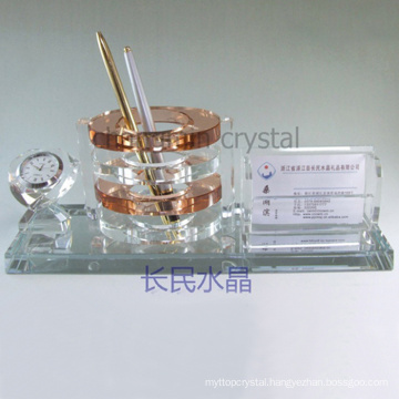 office supplies, crystal pen holder with card holder with clock